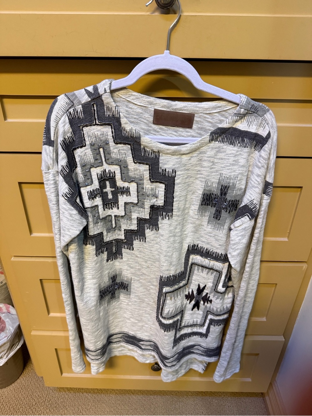 Double D Ranch Cream Long Sleeve Top with Black Aztec Motif